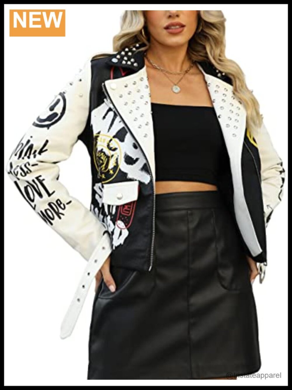 Faux Leather Moto Jacket Women's Floral Short Coat Punk Studded Vegan Leather